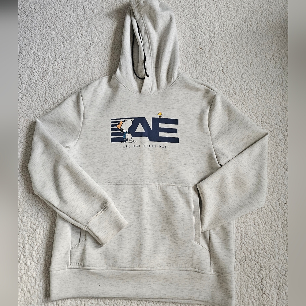 American Eagle + Snoopy Collab. Printed Gray Hoodie With Kangaroo Pocket Soft M